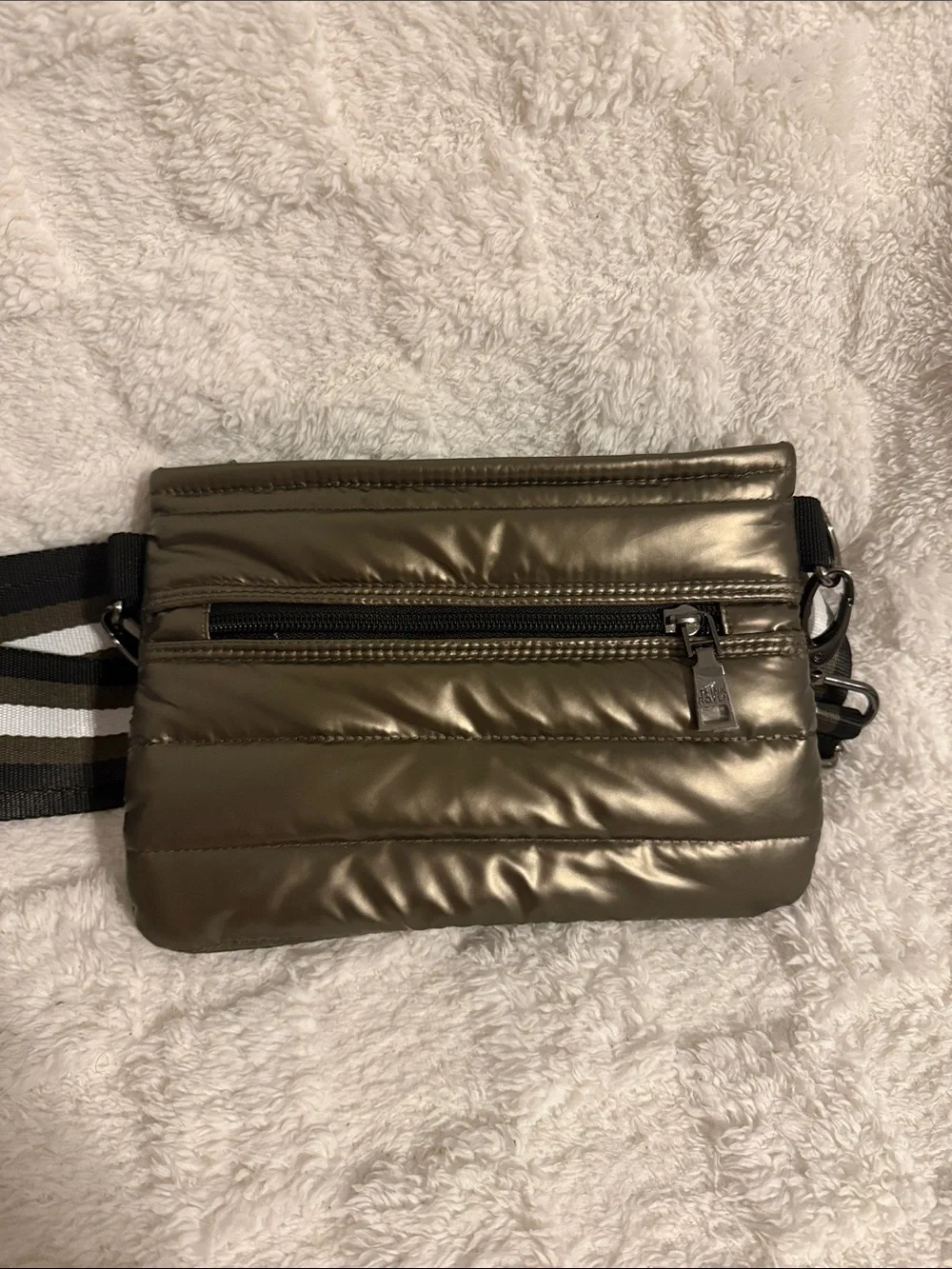 THINK ROYLN Olive Green Quilted Crossbody with Striped Removable Strap